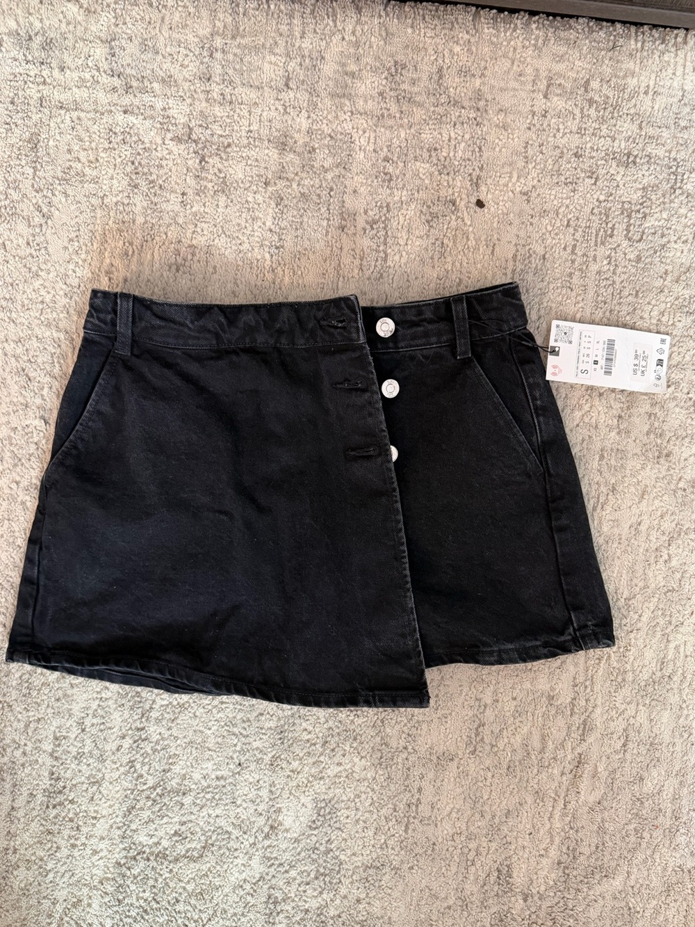 ZARA NWT Black Asymmetric Button-Front Denim Skort